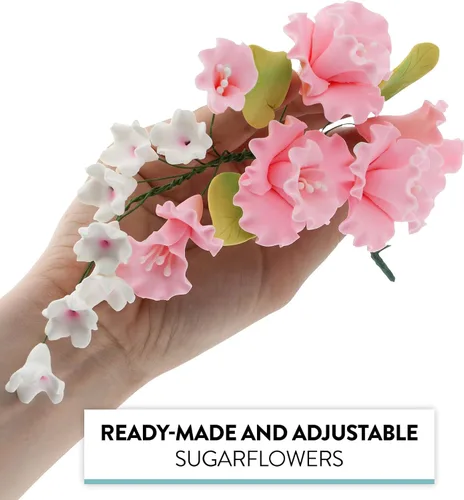 Vista 3 de Aerosol para pastel de flores de azúcar, flores de pasta de goma para decoración de pasteles, flores de cerezo rosa con hojas verdes, 1 unidad por