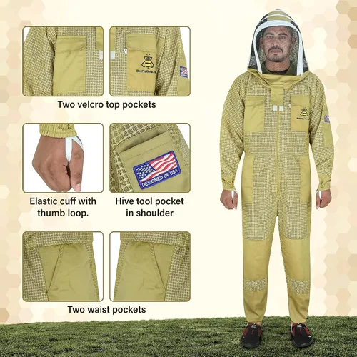 Vista 6 de 3-Layer Ultra Ventilated Mesh Beekeeping Suit for Men & Women with Veil Sting-Proof Bee Suit with Leather Gloves & Bag