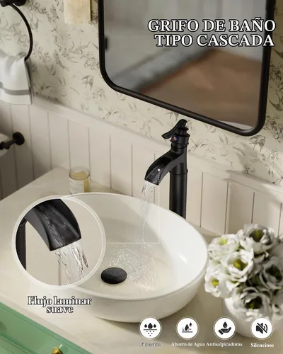 Vista 2 de Grifo de lavabo de cascada negro mate latón sola manija 1 agujero Mate negro