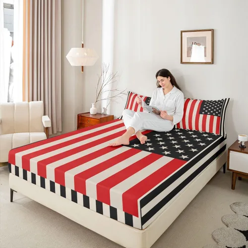 Vista 32 de Erosebridal American Flag Fitted Sheet Twin, Hockey Bedding Set United States Sports Games Bed Sheets for Kids Boys Teens Bedroom, Red White
