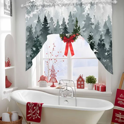 Vista 5 de Cortinas de cocina, cenefa con festón de Navidad, con bolsillo para barra, paneles de cortina para dormitorio, sala de estar, baño, cafetería
