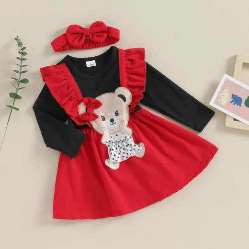 Vista 3 de Trajes de Navidad para niñas pequeñas, vestido de manga larga, falda vintage de encaje de una pieza, vestido de fiesta de terciopelo rojo, vestido
