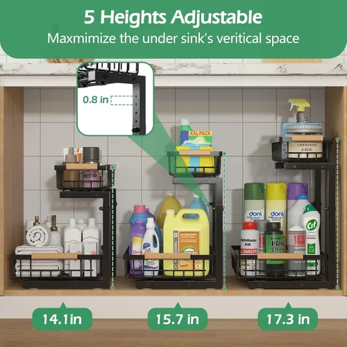 Vista 3 de ADRIMER Organizador para debajo del fregadero, 2 paquetes, organizador extraíble para fregadero de cocina, 2 niveles, organizador de cocina