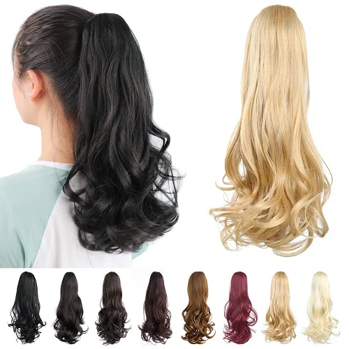 Vista 7 de Extensiones de pinza de cabello rubio, extensiones de cola de caballo para mujer, extensiones de cabello rizado de 16 pulgadas, extensiones