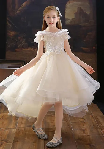 Vista 4 de Vestido de niña de las flores, adorno de encaje, tul con perlas, vestido de princesa para primera comunión, bautismo, boda, vestido de fiesta