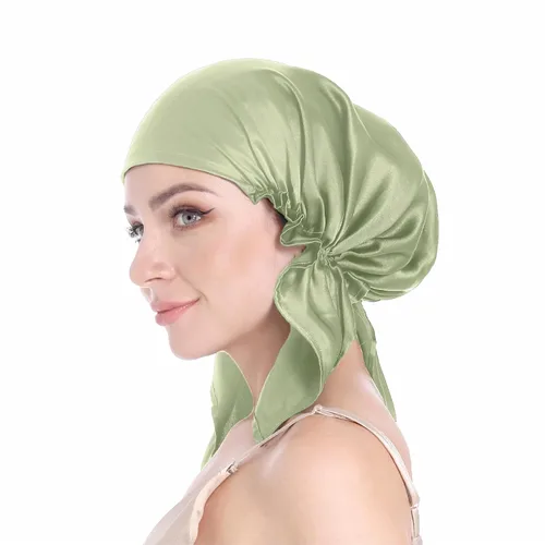 Vista 9 de SissiLita Gorro de seda 100% para dormir, gorro de seda grande con banda de amarre para el cuidado del cabello rizado (azul)