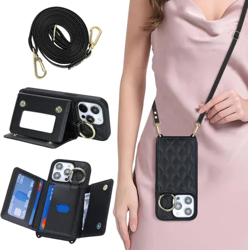 Vista 29 de Funda para iPhone 14 con tarjetero y correa para mujer, cordón cruzado, espejo de maquillaje, soporte de anillo, cierre a presión, bonitas fundas