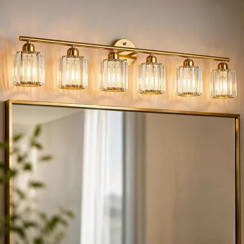 Vista 28 de Lámpara de tocador moderna de cristal de 2 luces, accesorio de luz vertical dorada para baño sobre espejo para mesa de tocador y fregadero