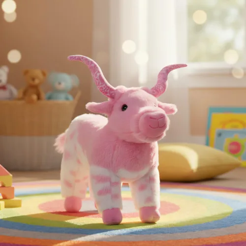 Vista 2 de The Petting Zoo Longhorn - Peluche de animal de peluche, regalos para niños, animales salvajes de Onez, juguete de peluche rosa de cuerno largo, 12