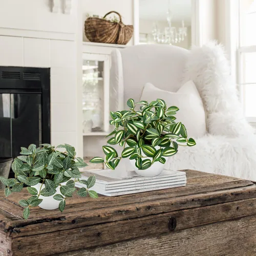 Vista 4 de Hollyone Plantas falsas, 2 paquetes de plantas artificiales de interior con maceta de plástico blanco, pequeña planta falsa en maceta para el hogar