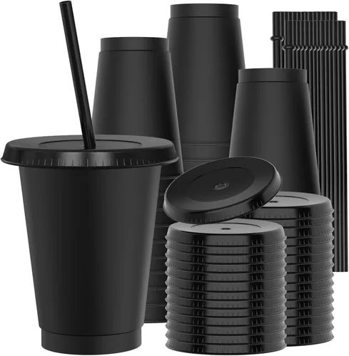 Vista 9 de Vasos de plástico de 24 onzas con tapas y pitillos, tazas de café helado resistentes y seguras para alimentos con tapa, vaso de plástico Negro