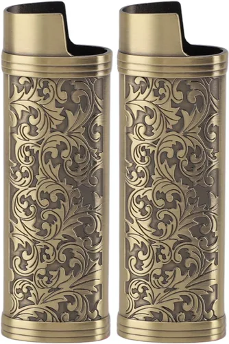 Vista 12 de Funda para encendedor de 2 piezas, estilo vintage, reutilizable, resistente aleación de zinc, estampado floral para protección de tamaño completo
