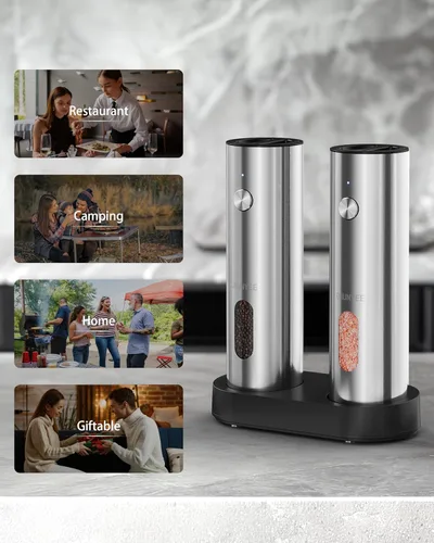 Vista 5 de Juego de molinillo eléctrico recargable de sal y pimienta con base de carga USB-C, salero automático de acero inoxidable y pimienta, luz LED
