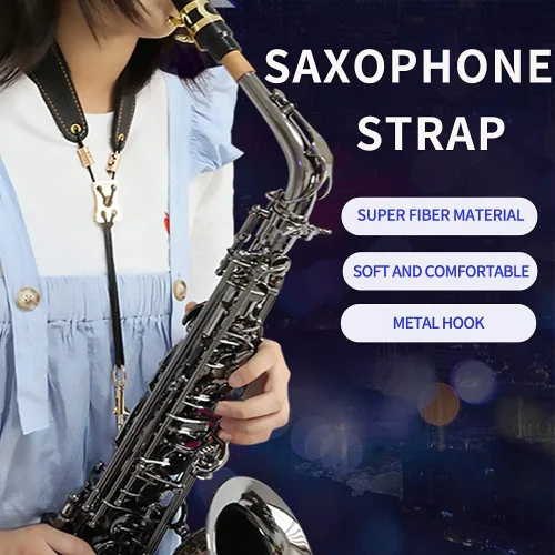 Vista 4 de Saxofón Saxofón Correa de cuello negro para saxo barítono alto tenor soprano, súper fibra, gancho de metal, instrumentos musicales accesorios piezas