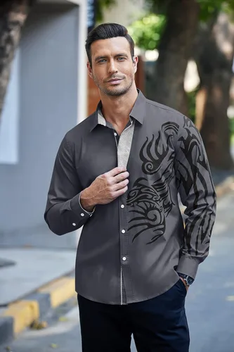 Vista 2 de Coofandy Hombres Vestido de impresión botón Down Camisa