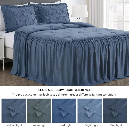 Vista 5 de Chezmoi Collection Aria - Juego de colcha plisada de 3 piezas con falda con volantes – French Country Chic Farmhouse – Matrimonial, color azul Azul
