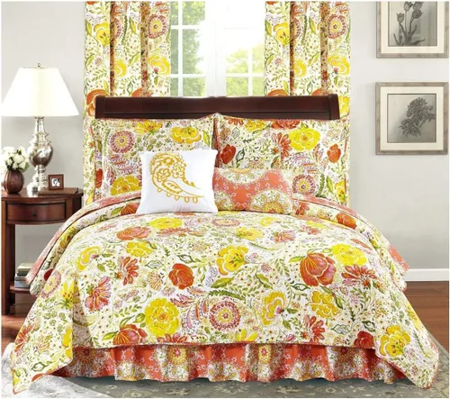 Vista 6 de All American Collection - Juego de edredón reversible con volantes antipolvo, flores Turquesa/Marrón