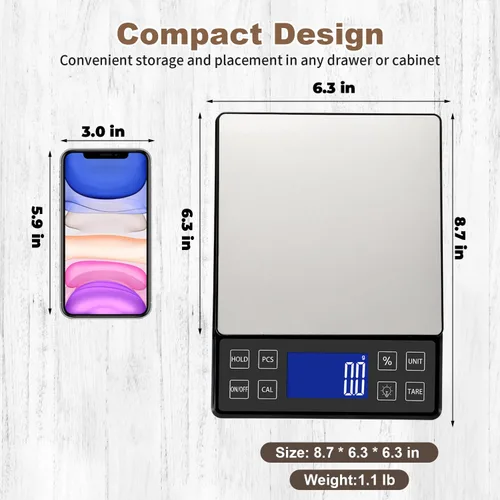 Vista 6 de SEMIER Báscula digital de cocina con alta precisión de 0.1 g/0.001 oz, báscula de panadería de alimentos de 5 kg/11 lb con % de función