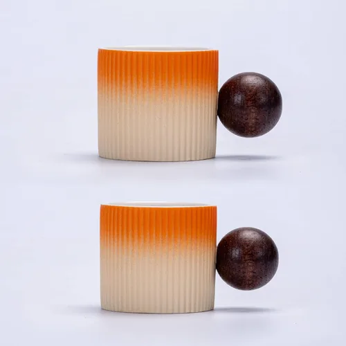 Vista 20 de Mini tazas de cerámica para café expreso, tazas Demitasse con mango redondo de madera a rayas verticales tazas de té (beige y azul, 2 unidades)