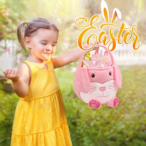 Vista 4 de Cesta de Pascua personalizada para niños, conejo rosa