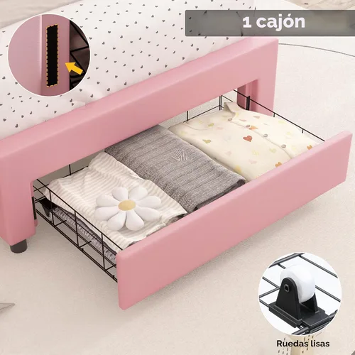 Vista 4 de Marco de Cama LED Tapizada Tamaño Twin con Cajón de Almacenamiento, Cama de Plataforma de Princesa de Cuero con Cabecera de Corona con Botones