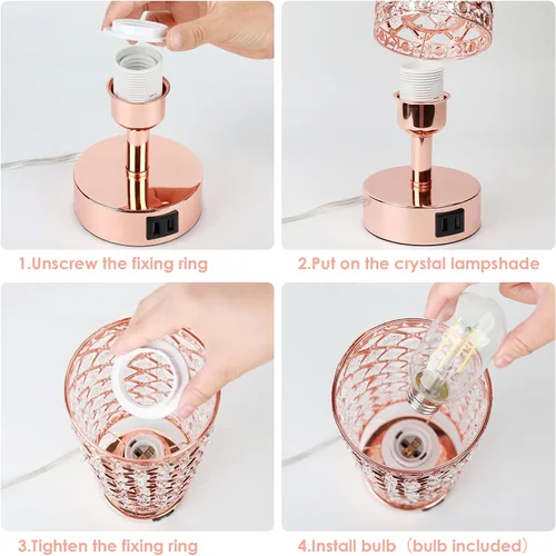 Vista 5 de Lámpara de mesa de cristal con control táctil, regulable de 3 vías, lámpara decorativa para mesita de noche con 2 puertos de carga USB, pequeña luz