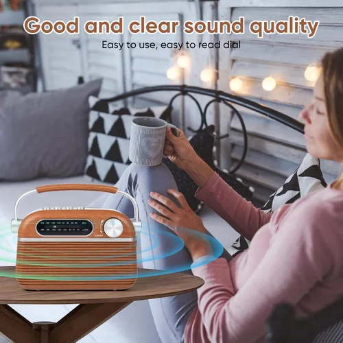Vista 5 de Radio analógica retro AM FM Bluetooth Speak Plug in Wall, alimentación de CA o recargable o funciona con batería, transistor vintage con altavoz