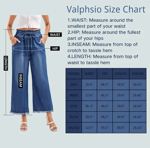Vista 6 de Valphsio Pantalones de mezclilla holgados de pierna ancha para mujer, cintura con lazo en la cintura, culottes de cambray, pantalones con borlas