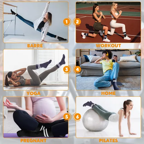 Vista 6 de Jspupifip 4 pares de calcetines largos de pilates con agarre, antideslizantes, para yoga, pilates, barre, entrenamiento, hospital, 4 pares