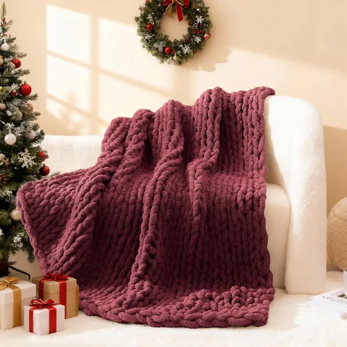 Vista 2 de WRENSONGE Manta de Punto Grueso Throw Color Rojo Borgoña Grande Suave Esponjosa de Punto Trenzado Crochet Throw 100% Tejida a Mano para Sofá Cama