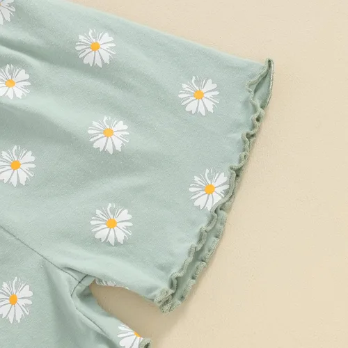 Vista 6 de fhutpw Conjunto de ropa de verano para niñas pequeñas, camisetas de manga corta con volantes de margaritas, tops y pantalones cortos florales, 2