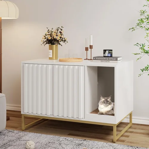 Vista 13 de Halitaa Caja de Arena para Gatos, Mueble Moderno de Caja de Arena para Gatos Caja de Arena Oculta con Almohadilla para Rascar, Mesa Auxiliar Casa