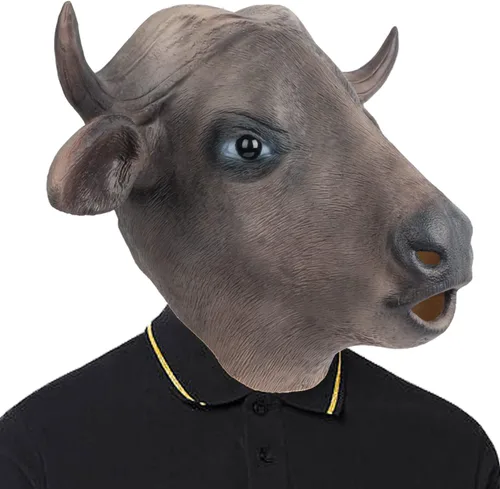 Vista 2 de PartyHop Máscara de búfalo con cabeza de animal de látex de cabeza completa, máscaras realistas para Halloween, carnaval, fiesta de disfraces