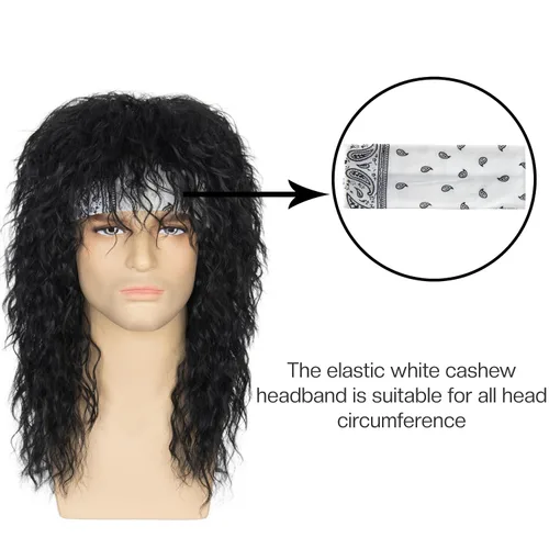 Vista 4 de Miss U Hair - Peluca de cabello rizado negro de los años 80 para hombre, peluca punk rocker, para fiesta, cosplay, cabello con accesorios