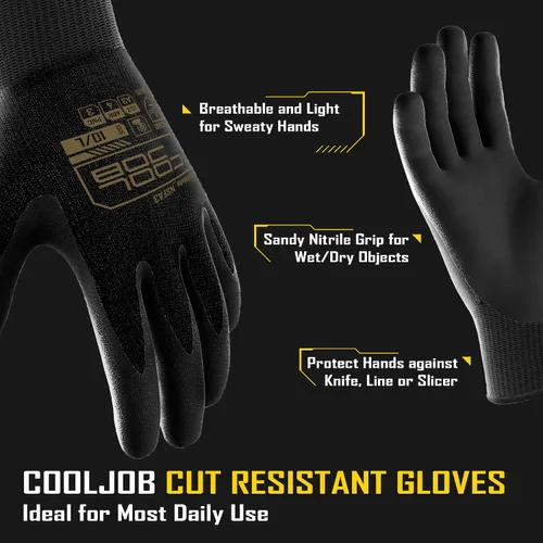 Vista 2 de COOLJOB A3 Cut Resistant Safety Work Gloves with Nitrile Grip, Touchscreen & Flexible for Gardening Fishing Construction