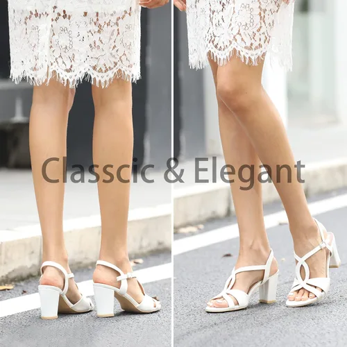 Vista 4 de SEKAYISORE Sandalias de tacón bajo para mujer, puntera abierta, tacón alto grueso, correa cruzada, sexy, vestido de baile de boda