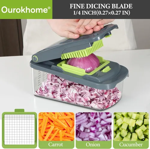 Vista 3 de Picadora de verduras Ourokhome con recipiente, picadora manual de verduras con 2 cuchillas de corte para tiras de papa, cubos de cebolla, palitos