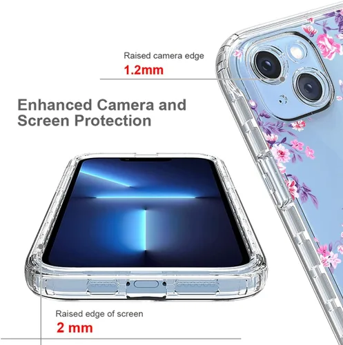 Vista 3 de Funda para iPhone 14 Plus con protector de pantalla de vidrio templado, cuerpo completo transparente floral TPU delgado funda protectora para Apple