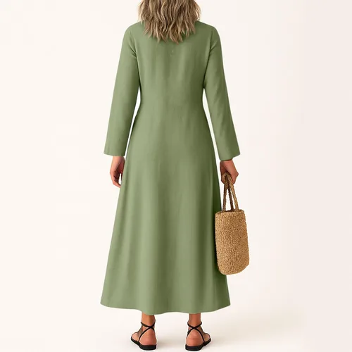 Vista 4 de Vestido de lino de algodón para mujer, de manga larga, holgado, ligero, básico, con cuello en V, vestido largo y modesto