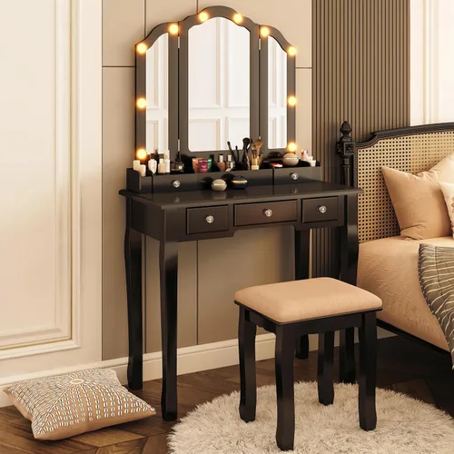 Vista 3 de Escritorio de tocador con espejo y luces de maquillaje con luces mesa con luz tocador de maquillaje con cajones negro juego de tocador para niñas