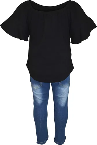 Vista 4 de Unique Baby Conjunto de jeans rasgados de mezclilla con estampado de animales para niñas, Granate