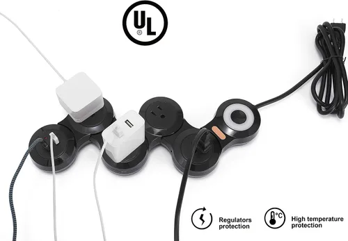 Vista 2 de Protector de sobretensiones flexible, cable de 6 pies de largo, 4 tomacorrientes, 2 USB (enchufe plano de 10 V/13 amperios) con cable de extensión