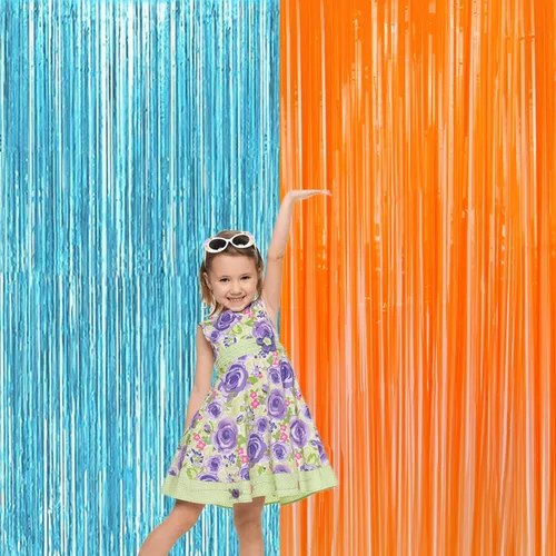 Vista 6 de Paquete de 2 cortinas de flecos metálicos de aluminio azul y naranja para decoraciones de fiesta, cortina de fondo azul y naranja para fiesta