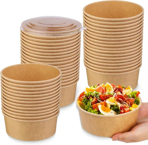 Vista 8 de 50 recipientes desechables de 17 onzas con tapas, cuencos de papel desechables de 16.9 fl oz con tapas transparentes, recipientes de alimentos