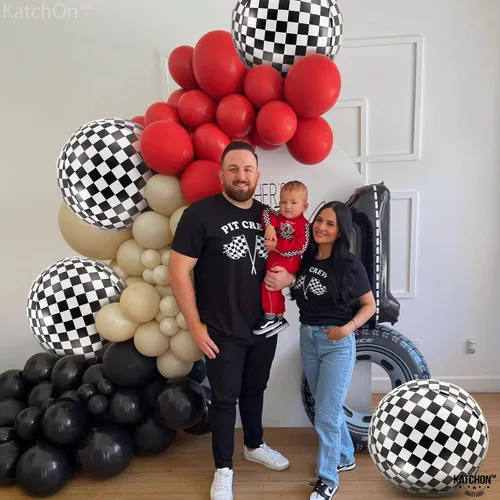 Vista 5 de KatchOn, Globos a cuadros blancos y negros de 22 pulgadas, paquete de 6, globos de carreras para decoraciones de cumpleaños emotivos, globos