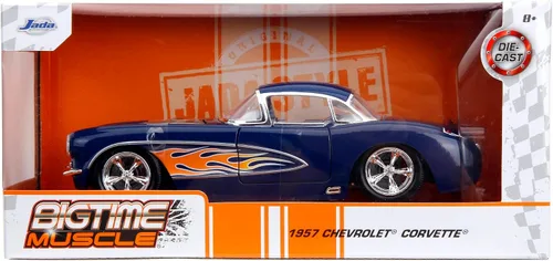 Vista 7 de Jada Big Time Muscle 1:24 1957 Chevrolet Corvette - Auto fundido a presión, juguetes para niños y adultos (azul oscuro/llamas)