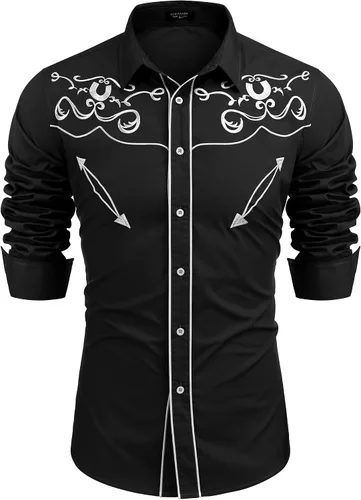 Vista 22 de COOFANDY Camisa occidental para hombre de manga larga con bordados, camisa de vaquero casual con botones café (01-Coffee(Pattern1))