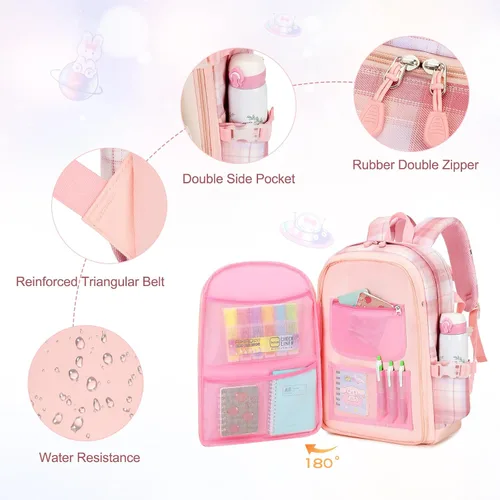 Vista 5 de Juego de mochila para niñas, mochila infantil para niñas, mochila escolar Kawaii Bunny para niña, jardín de infantes, primaria, preescolar, Tartán