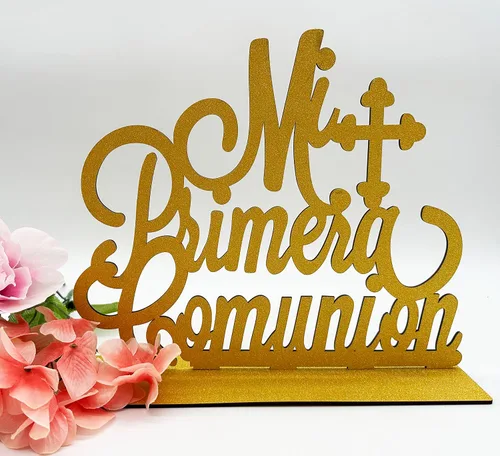 Vista 3 de Mi Primera Comunión Centro de mesa de madera con cruz religiosa de Dios bendiga – Decoraciones de primera comunión – Decoración de fiesta