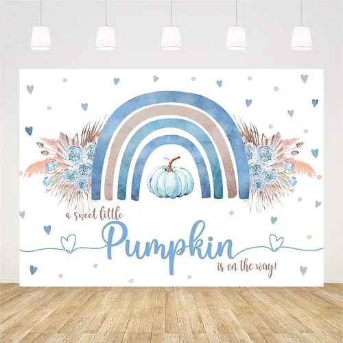 Vista 2 de Sendy Telón de fondo bohemio de calabaza azul de 7 x 5 pies para baby shower, otoño, A Little Pumpkin Boy is on The Way, suministros de decoración